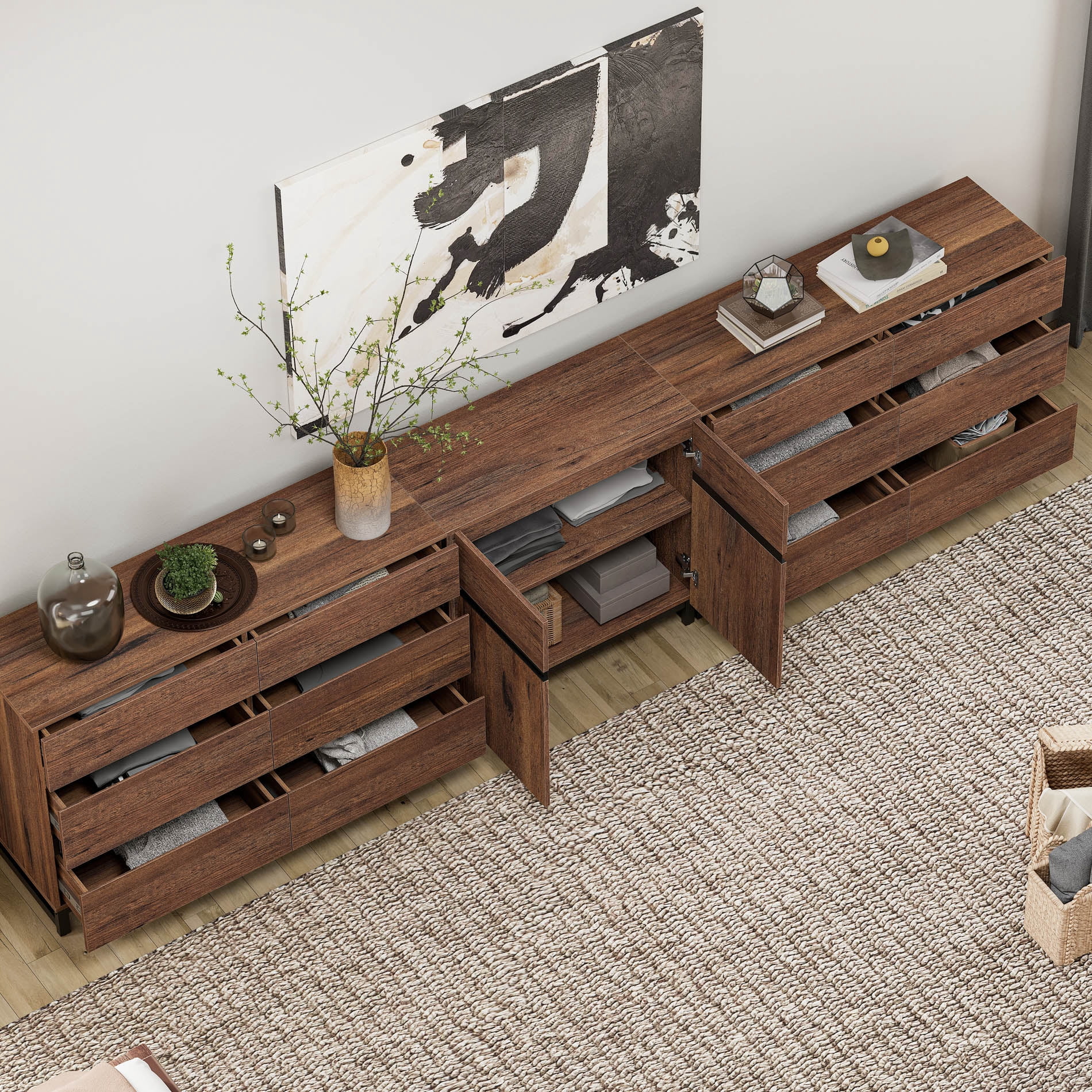 Modern 12 Drawers Storage Dresser with Adjustable Shelf and Metal Base, 3 In 1 Household Chest of Drawers, Closet Organizer Cabinet for Bedroom,Brown