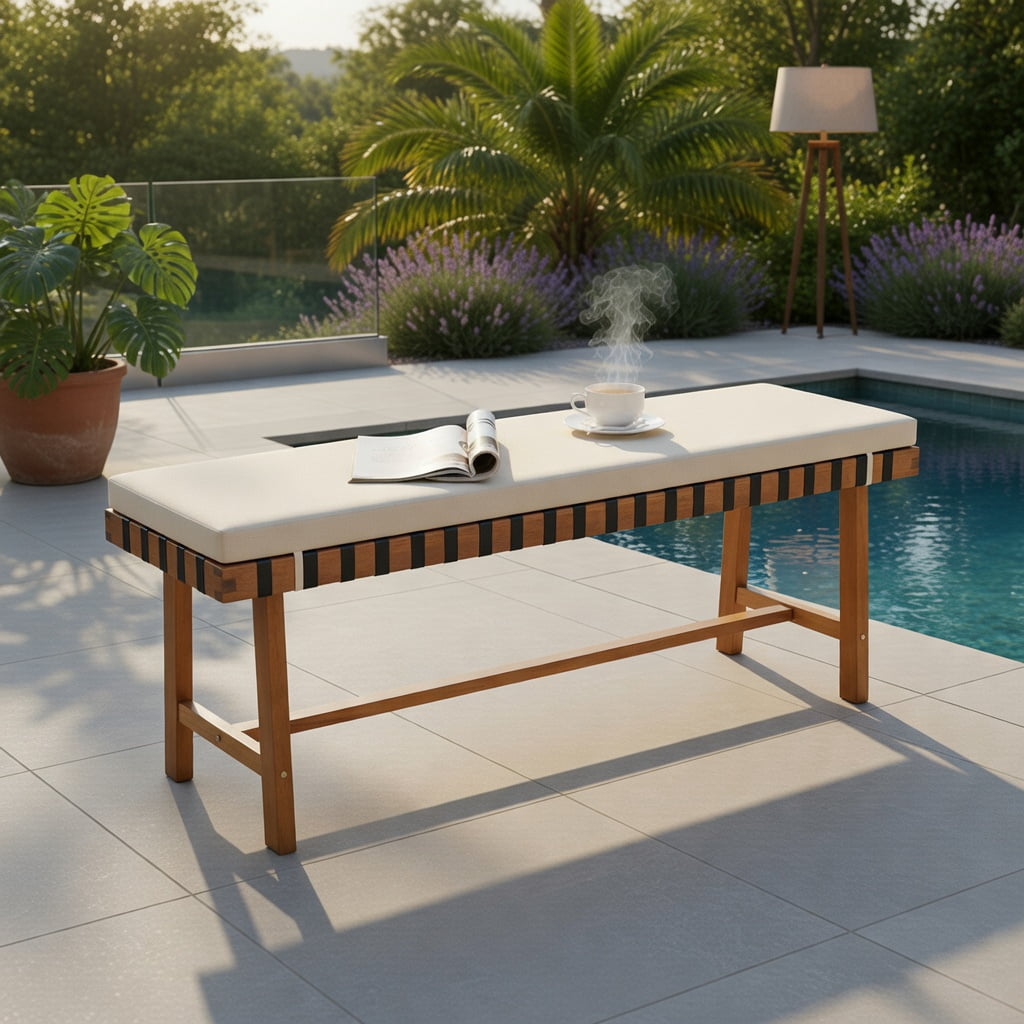 Hommoo 48" Acacia Wood Outdoor Bench with Removable Thick Cushion, Wood & Off-White Fabric, Woven Rope Seat, Heavy-Duty H-Frame, Natural