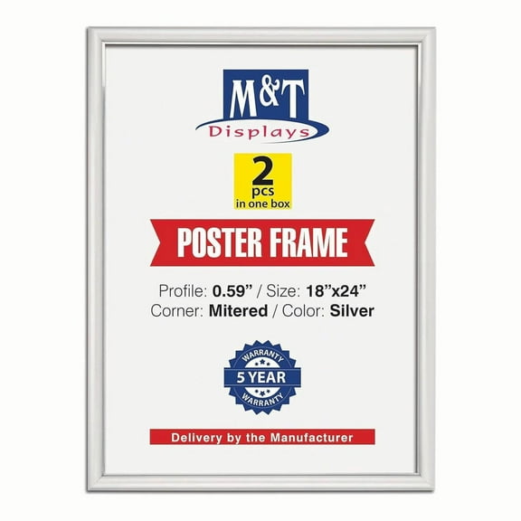M&T Displays Snap Poster Frame 18x24 Inch Silver 0.59" Aluminum Profile Front Loading Wall Mounting Picture Photo Document Certificate Sign Holder Mitered Corner Anti Glare Cover (2 pack)