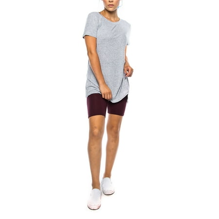 - Womens Basic Ribbed Round Neck Short Sleeves Top W/ Side Slit RT42935