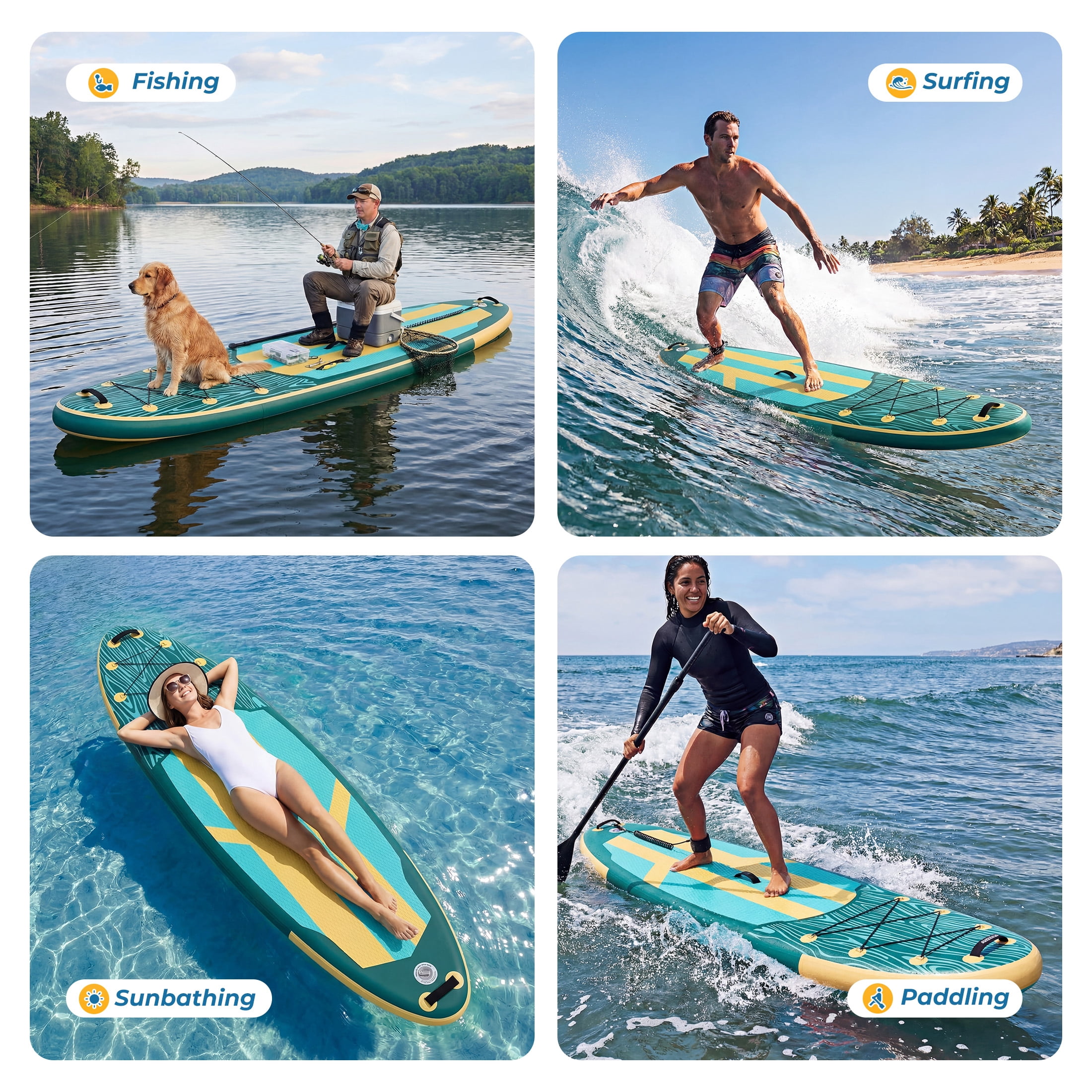 EDX 10.6 ft Inflatable Stand Up Paddle Board, 33" Wide SUP with Paddle, Pump, Fins, Leash & Carry Bag, Non-Slip Stable Board for Adults & Beginners, Yellow Green
