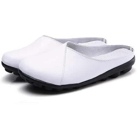 QUENLOOP Women s Loafers Slip-on Leather Shoes Open Back Mule Casual Flat Shoes Comfortable Summer Slipper