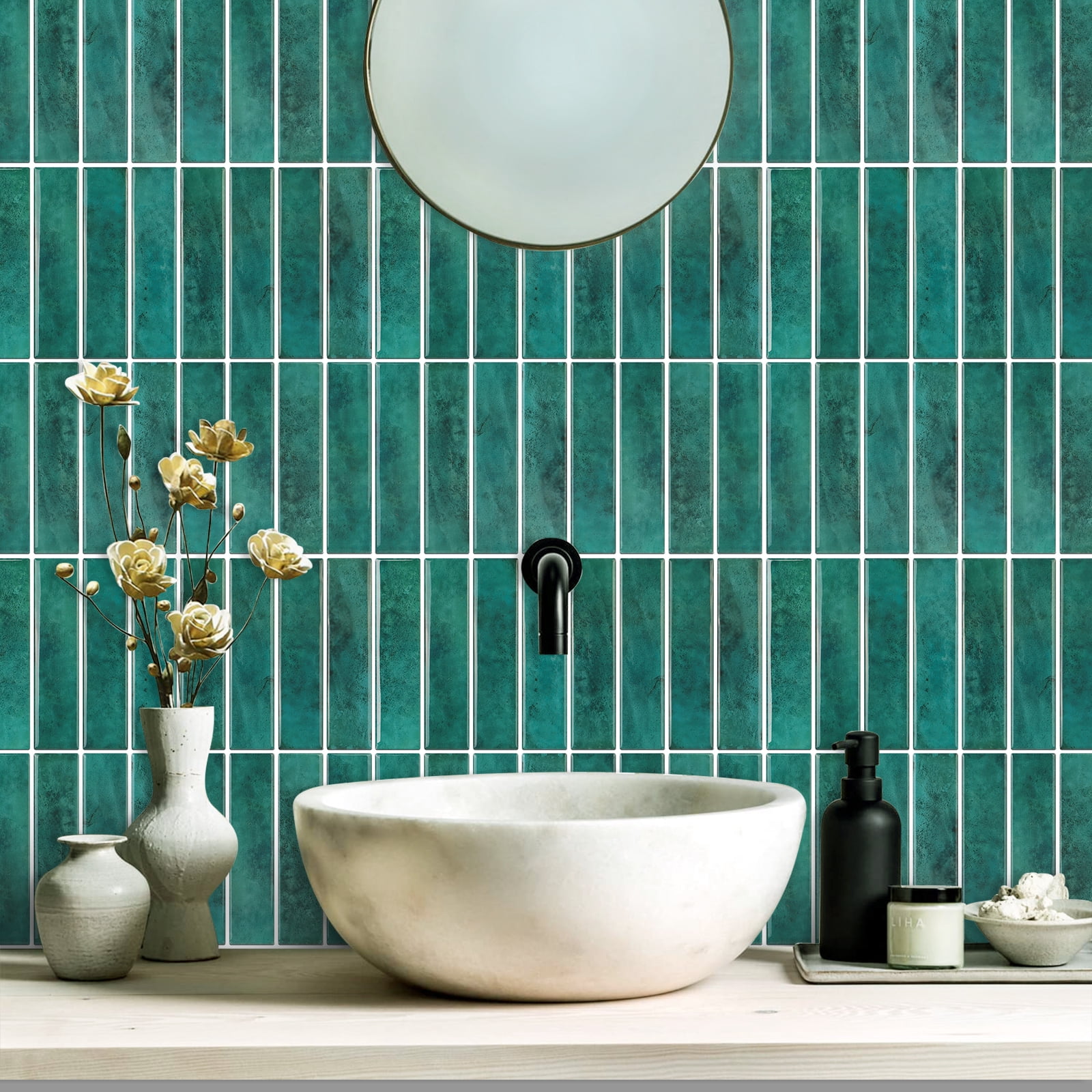 Peel and Stick Green Finger Mosaic Tile Vinyl Backsplash  12 x 12inch (10 tiles/set)