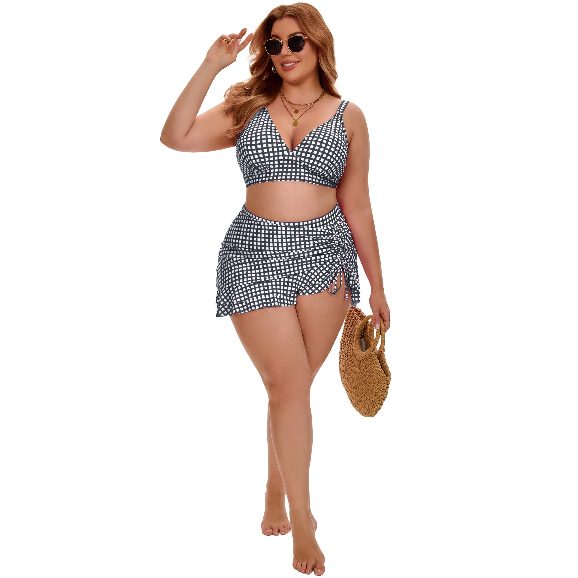 DARING DIVA Women's Plus with Retro Gingham High Waisted Bikini L Gray