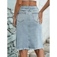 thumbnail image 2 of Women'S High Waisted Split Front Raw Hem Bodycon Midi Denim Skirt Light Blue L, 2 of 8