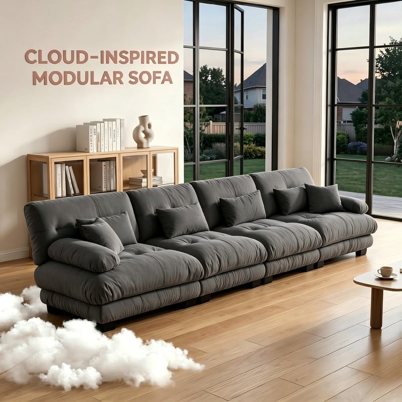 ANPPORT Cloud Couch Sleeper Sofa, Chenille Gray 4-Seater Modular Sofa, 4 Lumbar pillows, 2 Pillows, Comfy Deep Seat Cloud Sofa, Convertible L-Shaped Floor Couch for Living Room