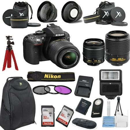 Nikon D5300 24.2 MP DSLR Camera + 18-55mm VR Lens Kit + 55-200mm VR Zoom Lens + Accessory Bundle + 2X 32GB Memory + Camera Back-Pack + Wide Angle Lens + 2x Telephoto Lens + Flash + Remote + Tripod