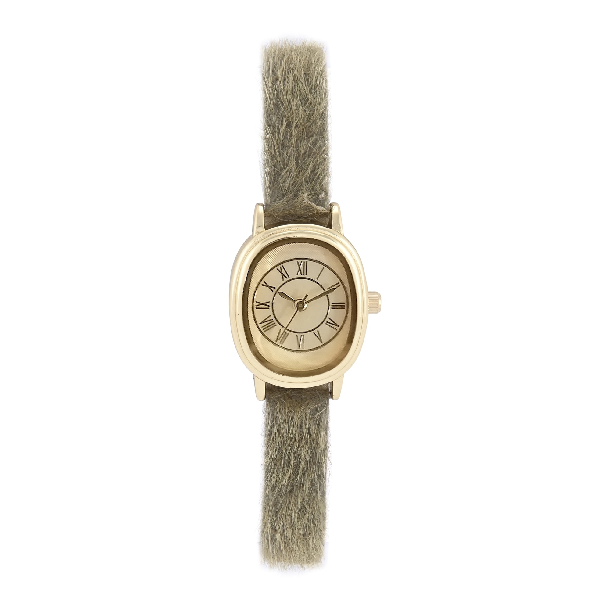 No Boundaries Adult Female Goldtone Cushion Case Watch with Olive Pony Hair Strap Watch.