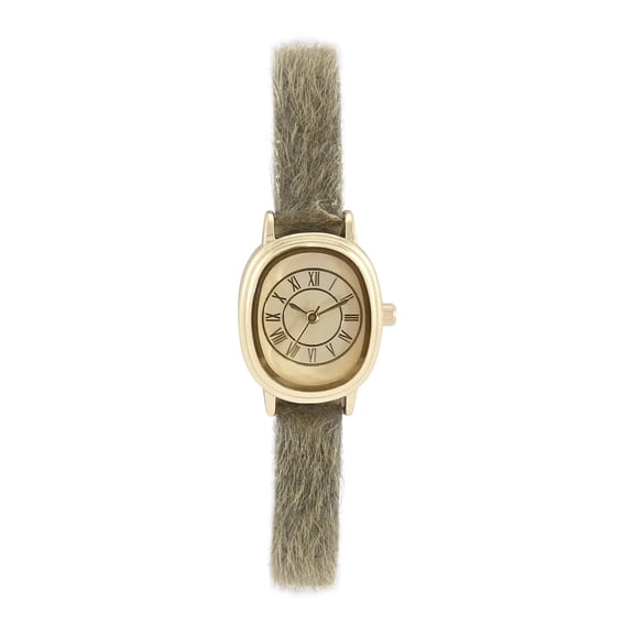 No Boundaries Adult Female Goldtone Cushion Case Watch with Olive Pony Hair Strap Watch.
