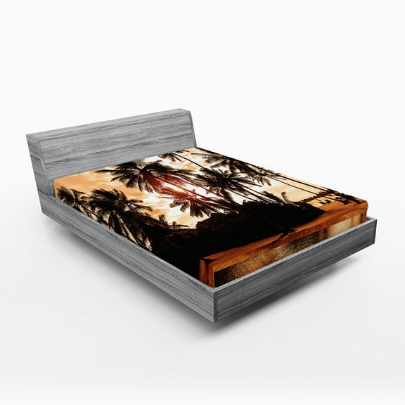 Ambesonne Tropic Fitted Sheet, Ocean Sea Love Palms, Queen Size, Orange and Brown
