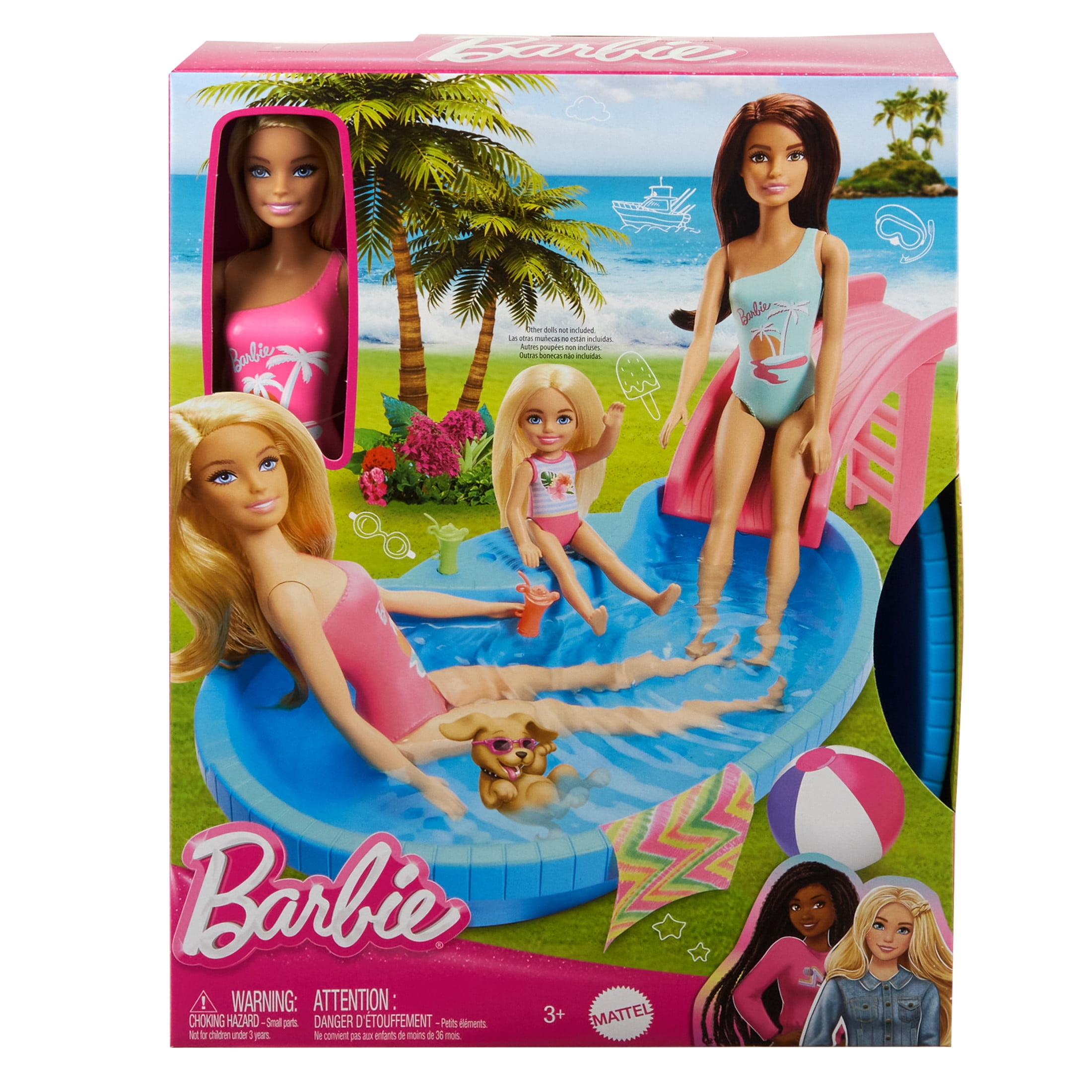 Barbie Doll and Pool Playset, Blonde with Pool, Slide, Towel and Drink Accessories, Multicolor