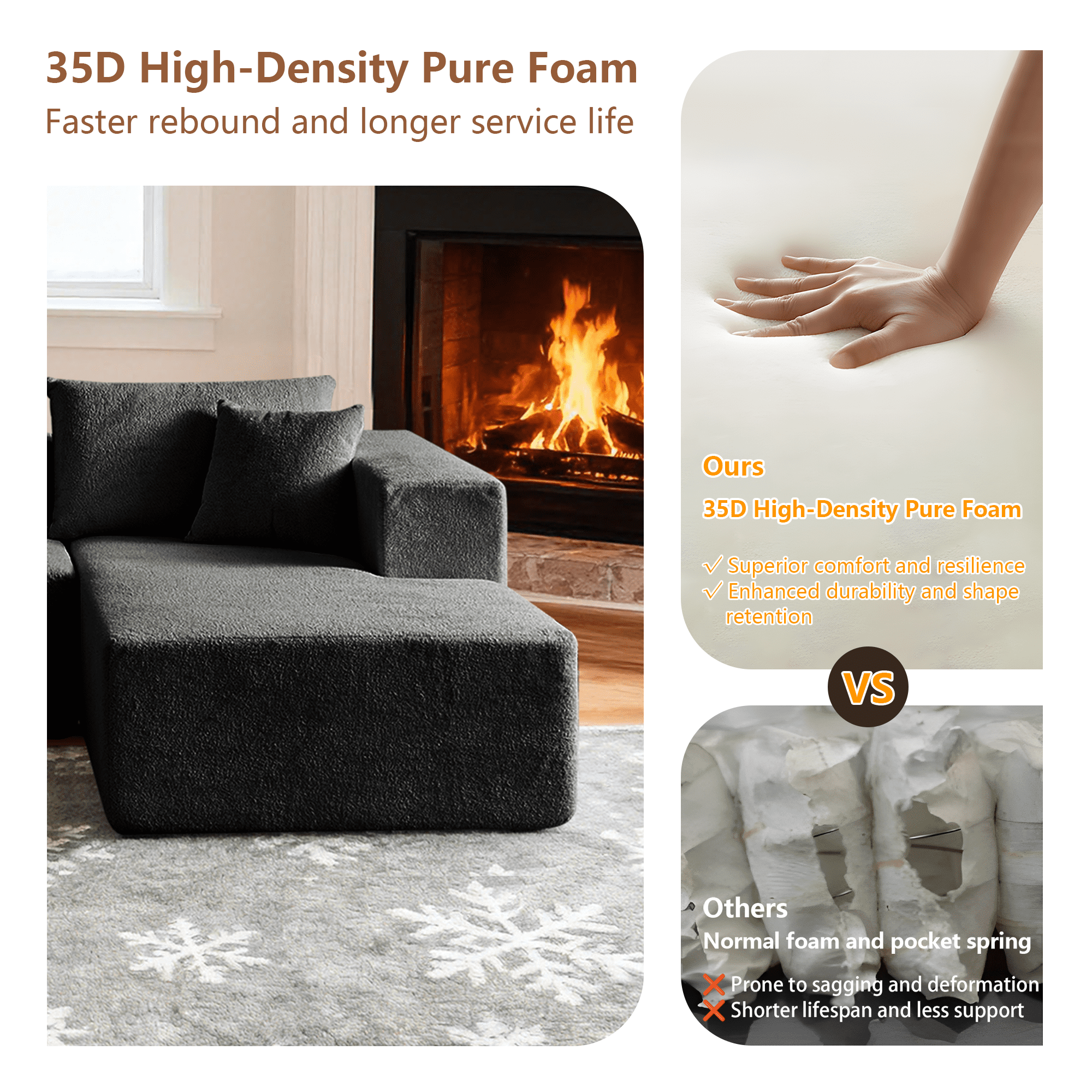 Gewnee Black 3-Seater Deep Seat Compressed Velvet Sofa, Soft Cushion Couch for Living Room & Bedroom
