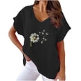 thumbnail image 1 of Camiseta de Manga Corta con Cuello en V con Impresión de Girasol, Algodón Casual Y Top de Cáñamo, 1 of 6