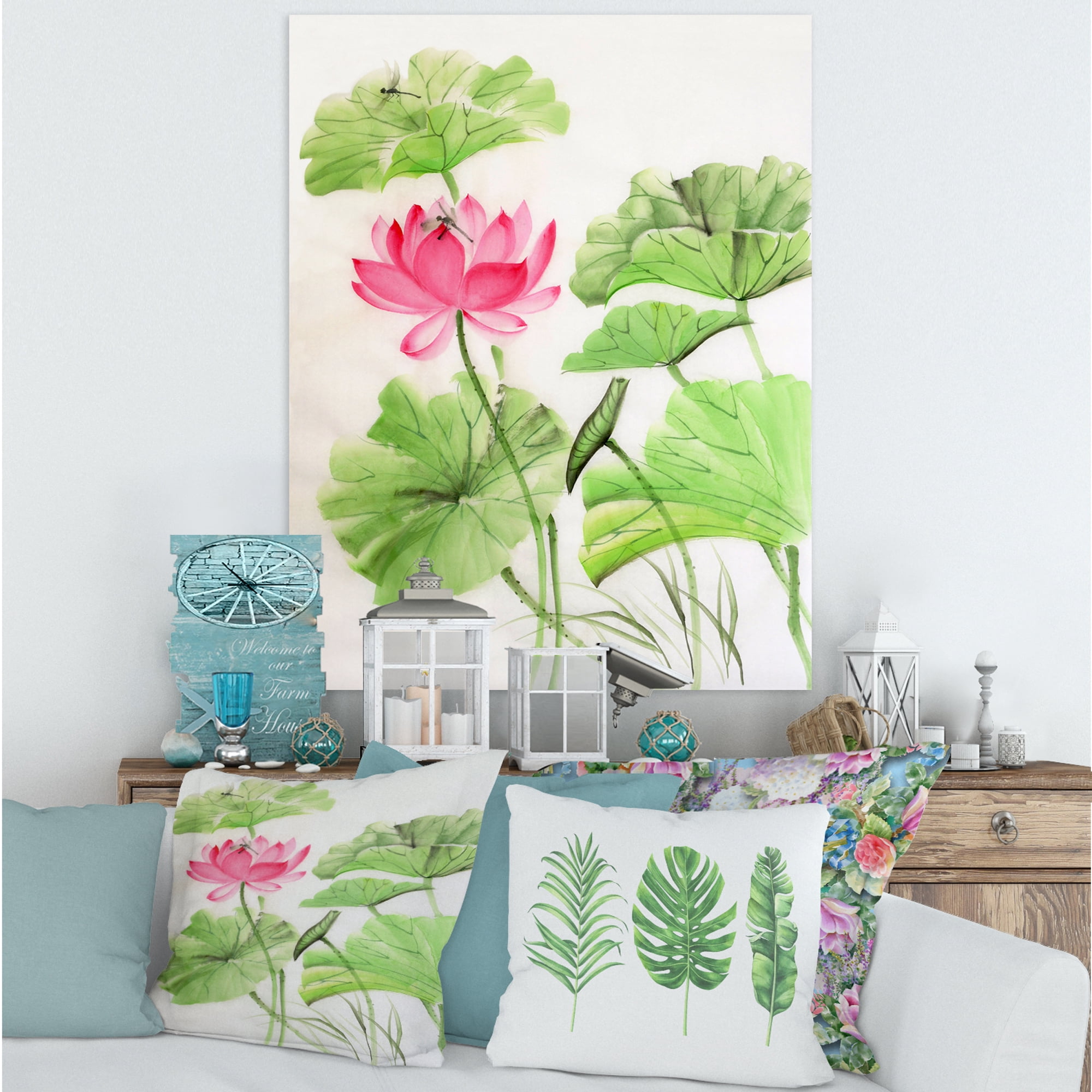 Designart ' Dragonfly and Lotus ' Traditional Canvas Wall Art Print