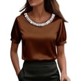 thumbnail image 2 of Endives Women's Short Sleeve T Shirt Beaded Round Neck Solid Color Fashion Elegant Satin T-shirt Summer Tops Brown, 2 of 6