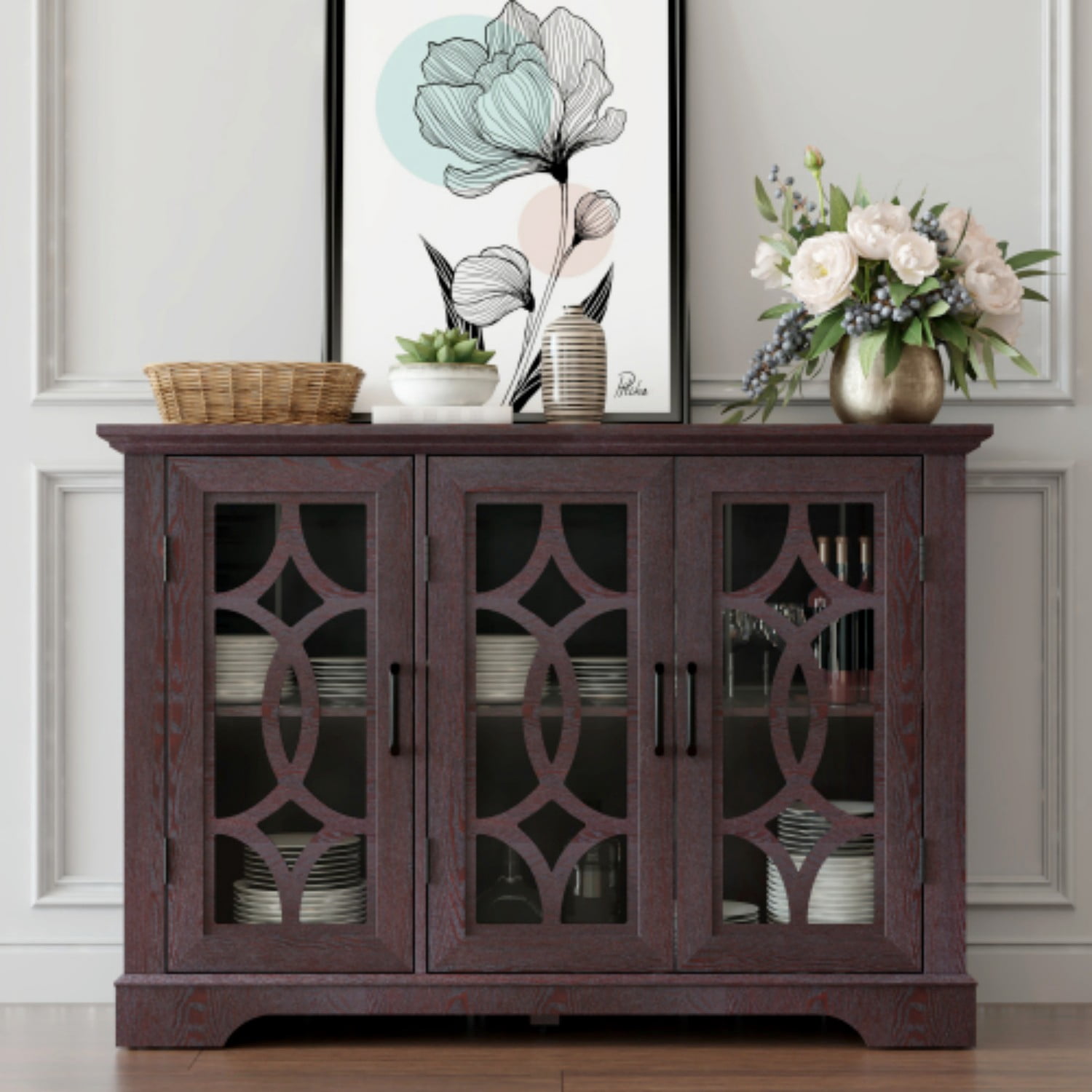 48.66" 3-Door Glass Sideboard Buffet Cabinet, MDF Storage Credenza with Adjustable Shelf, Tempered Glass Display Cabinet for Dining Room Kitchen Living Room, Ox Blood Red