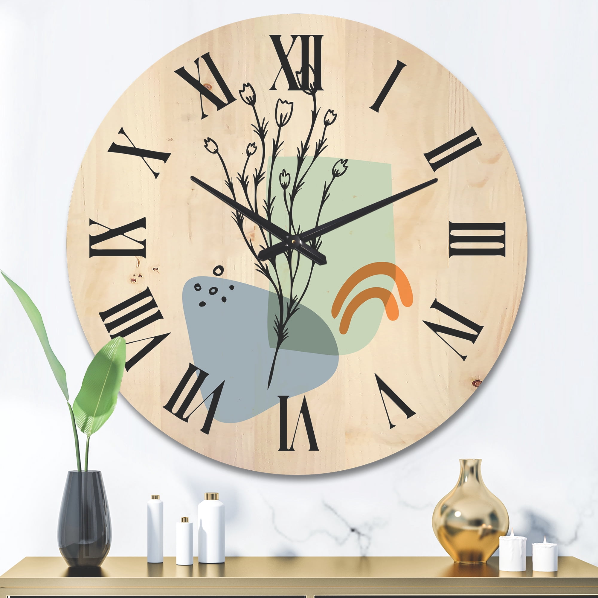 Designart 'Abstract Minimal Shapes Under Flowers II' Modern Wood Wall Clock