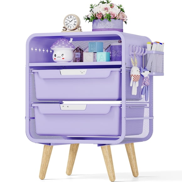 Mesita de noche SYKIARIOL para niños, color morado, con cajón de almacenamiento