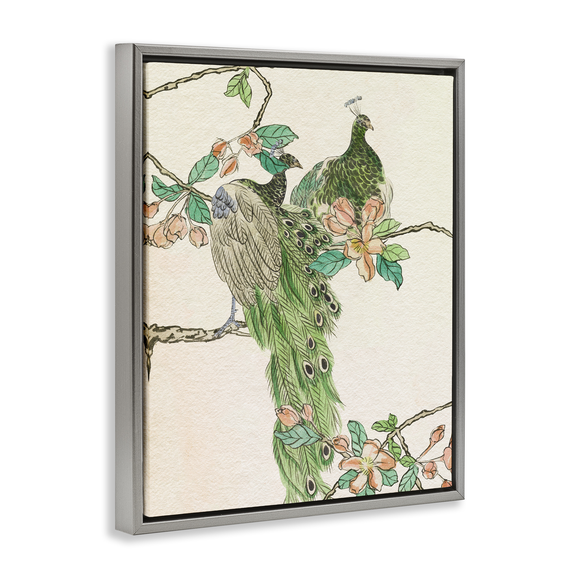 Stupell Industries Traditional Floral Peacock Animals & Insects Painting Gray Floater Framed Canvas Art Print Wall Art, 25 x 31