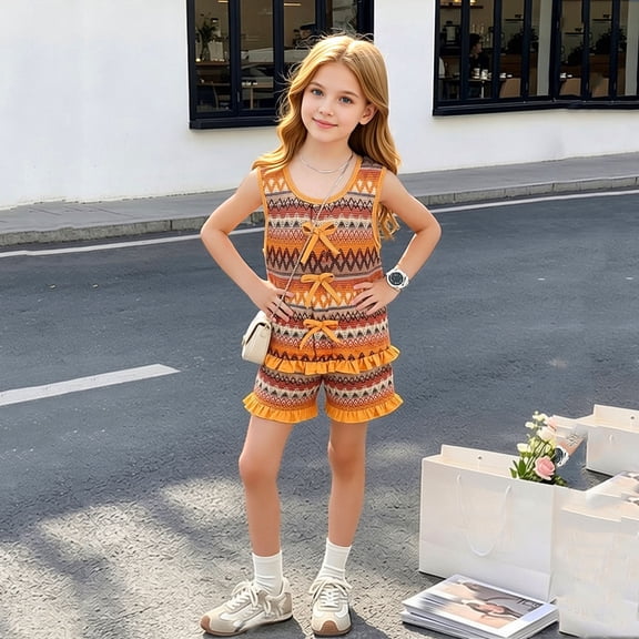 Angala 2 Piece Outfits For Girls Crew Neck Sleeveless Boho Ethnic Print Tank Top With Shorts Set Girls Autumn Daily Wear Clothes