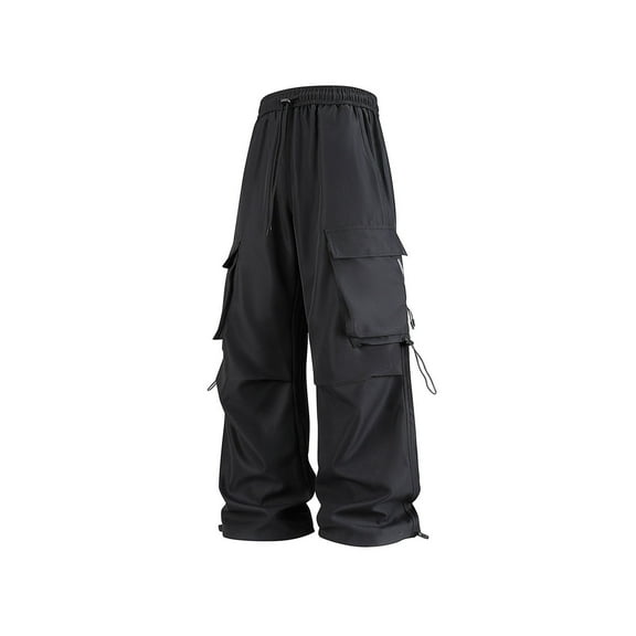 Timoontee Cargo Pants for Men Loose Straight Pants Casual Wide Leg Pants Outdoor Hiking Workout Pants Drawstring Elastic Waist Pants with Multi Pockets Black M