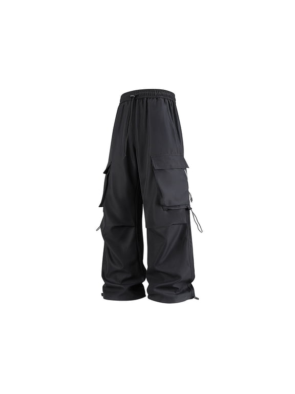 Men's Multi Pocket Straight Leg Outdoor Cargo Long Pants Loose Fit Elastic Waist Gym Hiking Daily Casual Trousers Black M