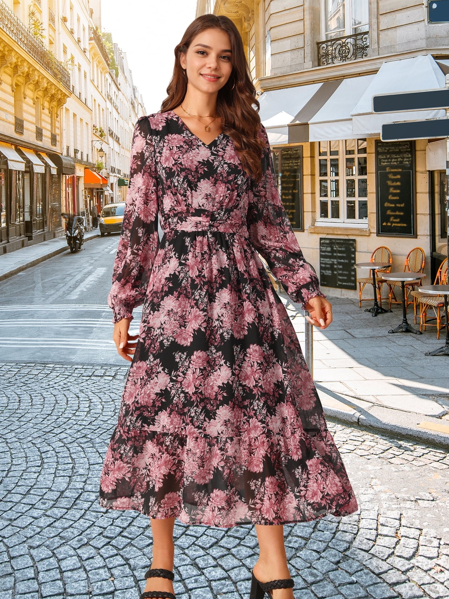 DARING DIVA Long Sleeve Floral V Neck Boho Chiffon Midi Dress XL Black
