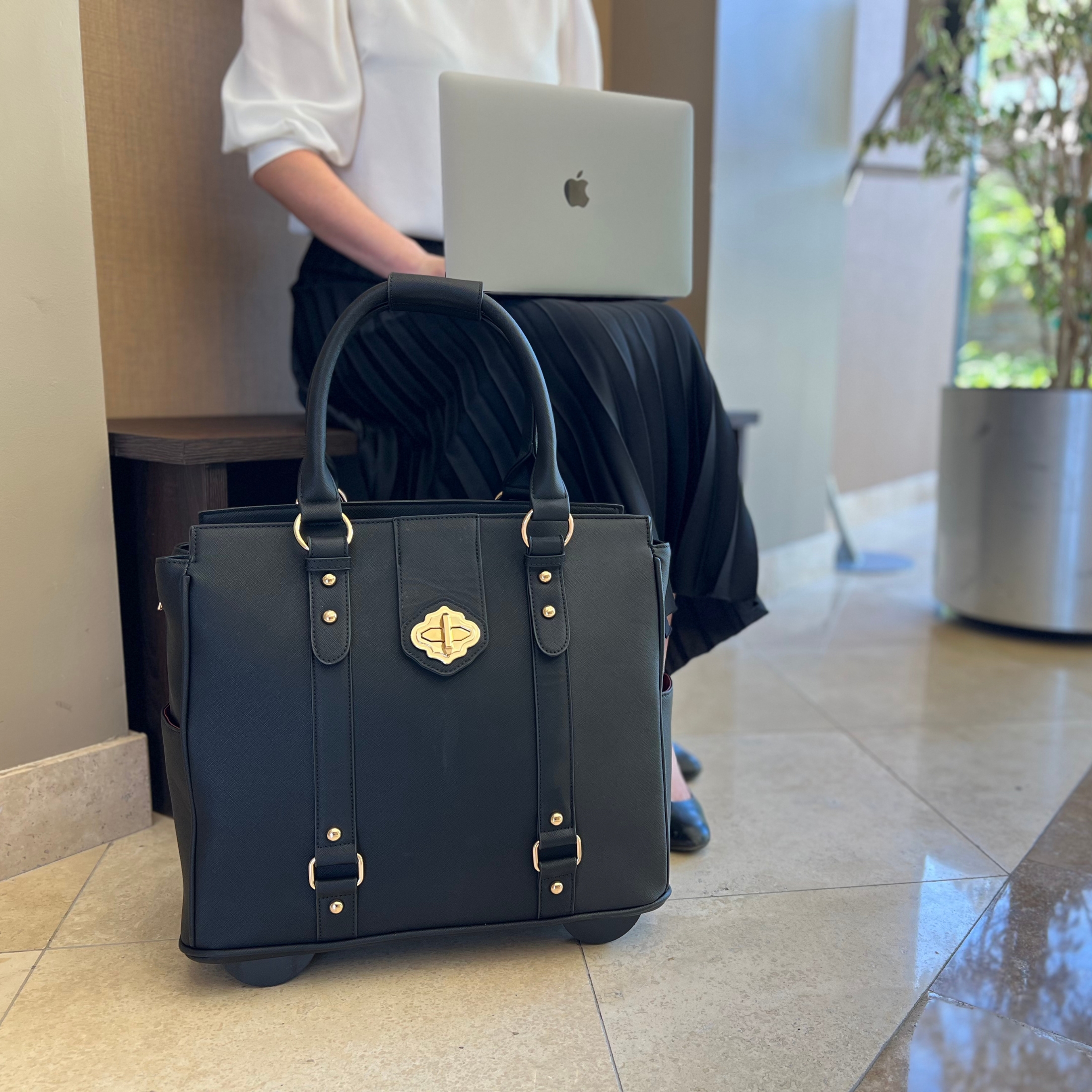 Rolling Laptop Bag for Women | Wheeled Briefcase Fits 17 Inch Laptop | Professional Work Tote for Business Travel | Executive Black Saffiano
