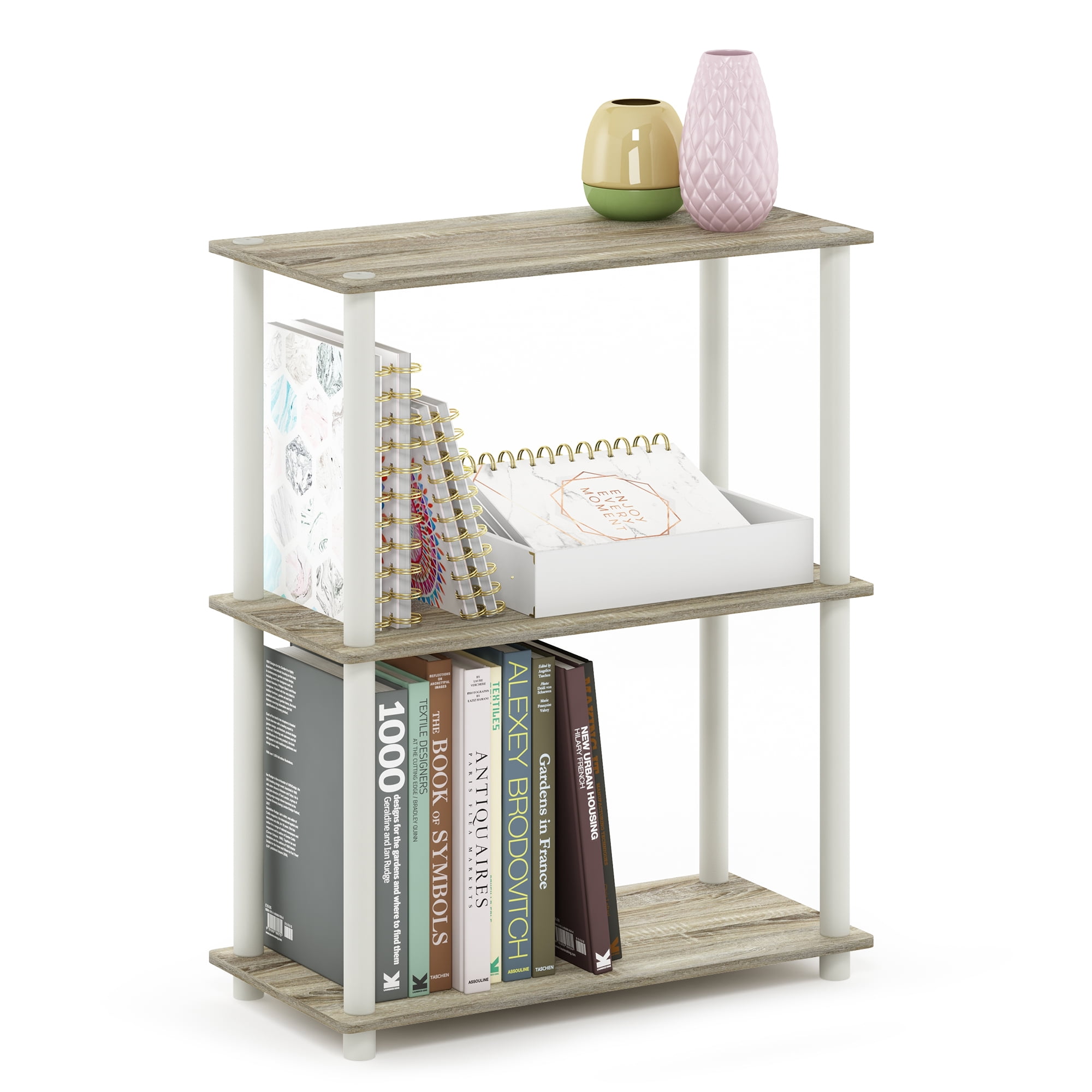 Furinno Wire 3-Tier Industrial Style Metal Frame End Table, Side Table, Finn Oak