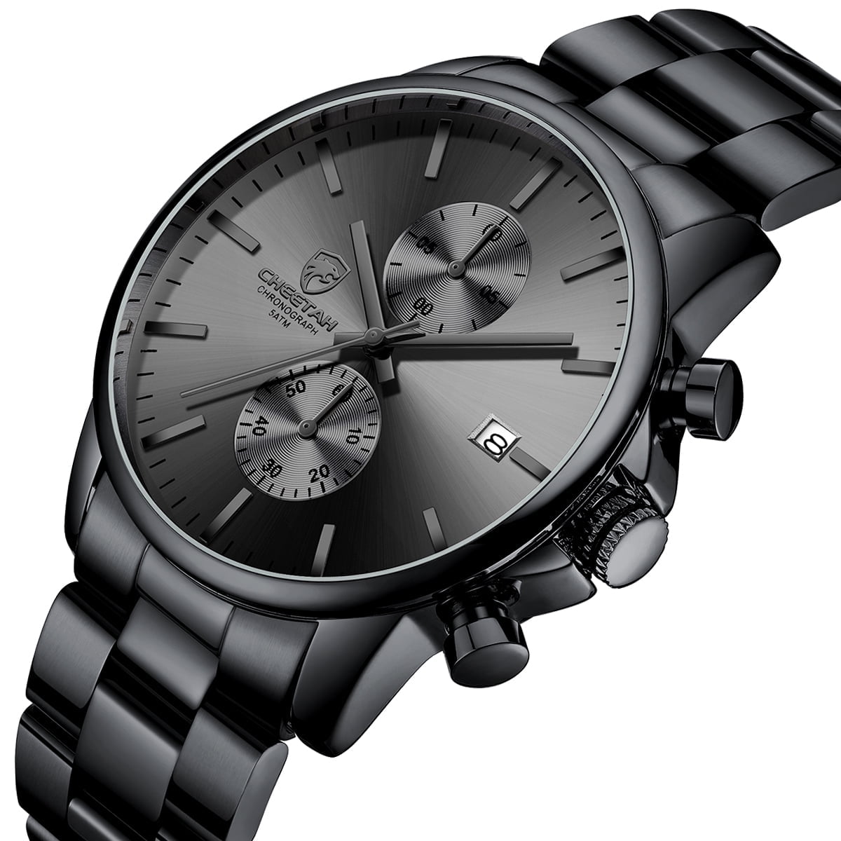 CHEETAH Fashion Business Mens Watches with Stainless Steel Waterproof Chronograph Quartz Watch for Men,Auto Date,Black&Gray