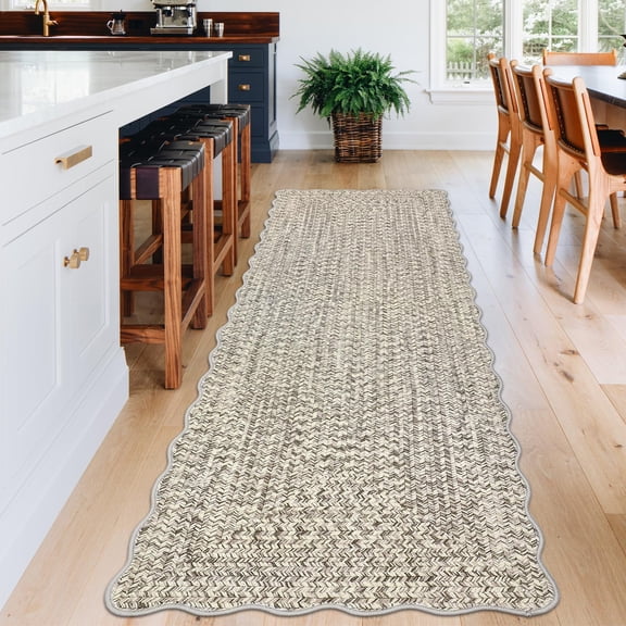 2x10 Kitchen Runner Rug Non Slip Bath Rug Scalloped Area Rug for Laundry Room Print Pattern Area Rug Stain Resistant Indoor Outdoor Rugs for Dining Room Beige