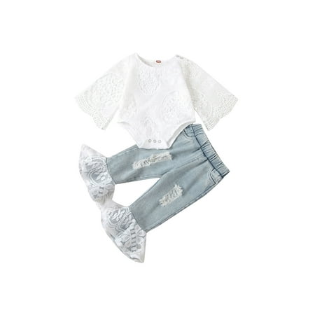

jaweiw Infant Baby Girl Spring Fall Outfits Lace Short Sleeve Romper Bodysuit Tops Ripped Jeans Flare Pants 2Pcs Clothes White Blue Size 0 6 12 18 24 Months