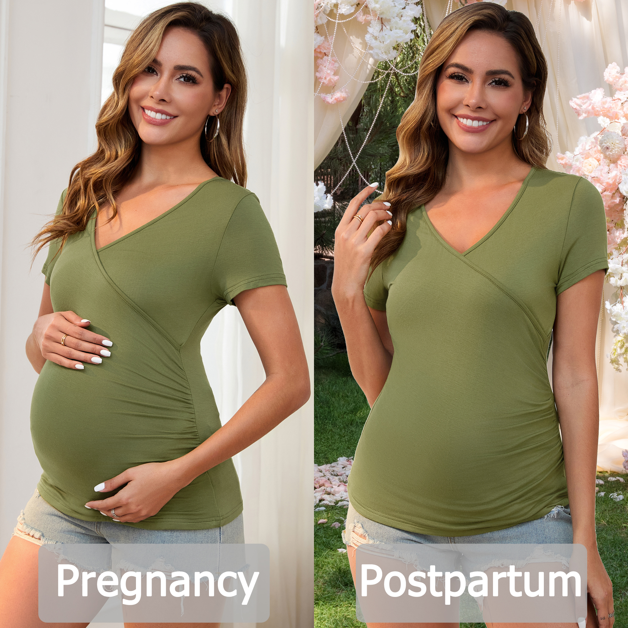 DARING DIVA Women's 2 Packs Ruched V Neck Maternity Nursing Blouse XXL Army Green&Striped