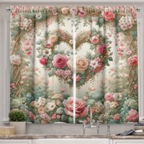 Ambesonne Floral Heart Kitchen Curtains, Tender Medieval Garden, 55"x36", Laurel Green and Pink