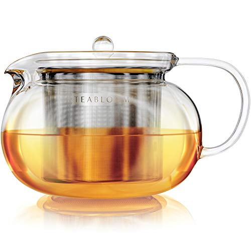 Cold Plastic Lid Microwave and Stovetop Safe Heat Simax Glassware 1 Quart Teapot with Metal Mesh Infuser and Thermal Shock Resistant Borosilicate Glass Makes a Stunning Presentation 