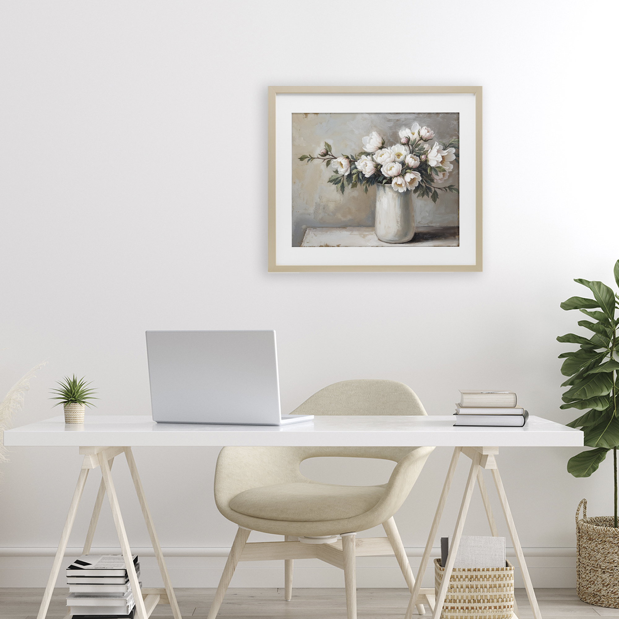 White Flowers in Vase Still Life Birch Framed Print Under Glass, design by Lettered and Lined