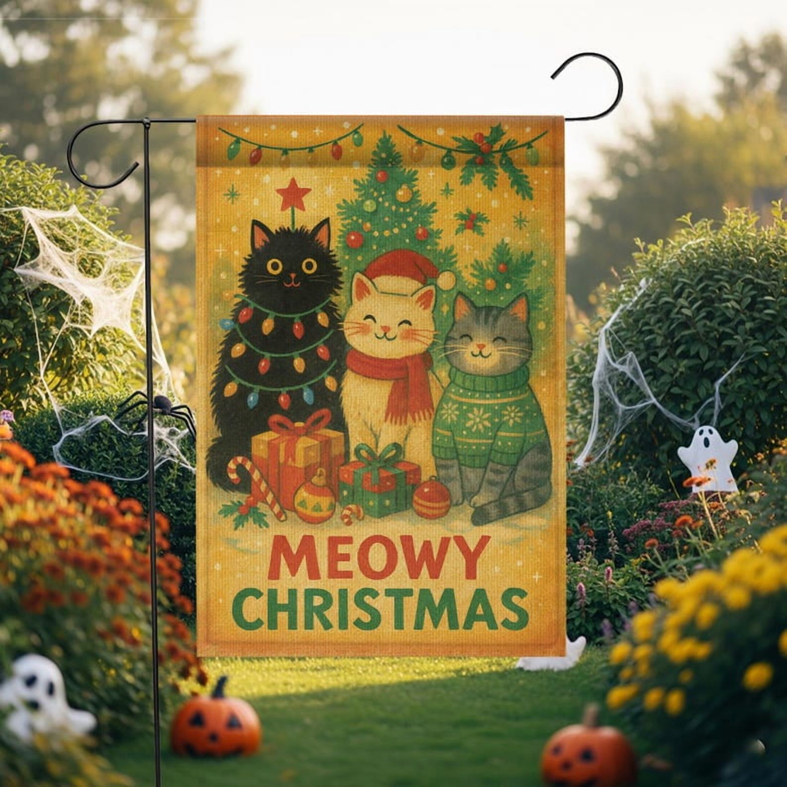 TiniDecor Meowy Christmas Garden Flag – 28”x40” Cute Cat Design, Holiday Outdoor Yard Décor