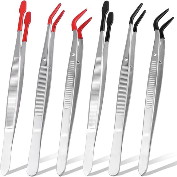 6Pieces Stainless Steel Tweezers with Rubber Tips,PVC Coated Flat Tip Tweezers Bent & Small Elbow Tweezers Tool Set