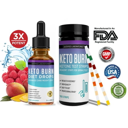 Keto Diet Drops BHB Supplement Burn Shred Faster Ketosis Weight Loss I Keto Test Strips Ketone Urine Analysis Ketogenic Measurement 100