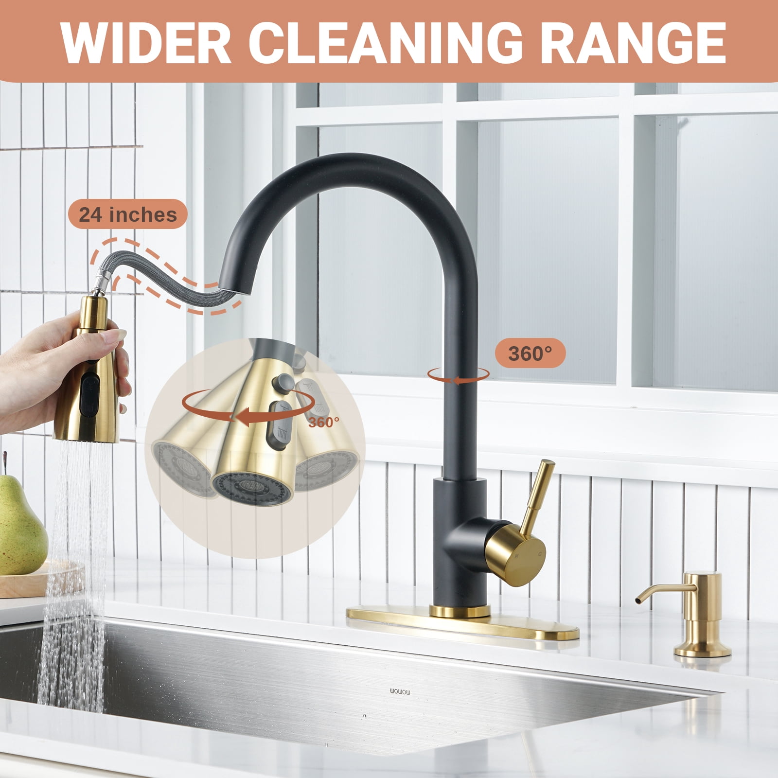 Wowow Single Handle Pull Down Sprayer Kitchen Faucet with Deckplate and Soap Dispenser in Black and Gold