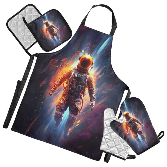 Floating Astronaut and Colorful Nebula 5 Pcs Kitchen Set Heat Resistant Oven Mitts and Non-Slip Pot Holders with Adjustable Cooking Apron