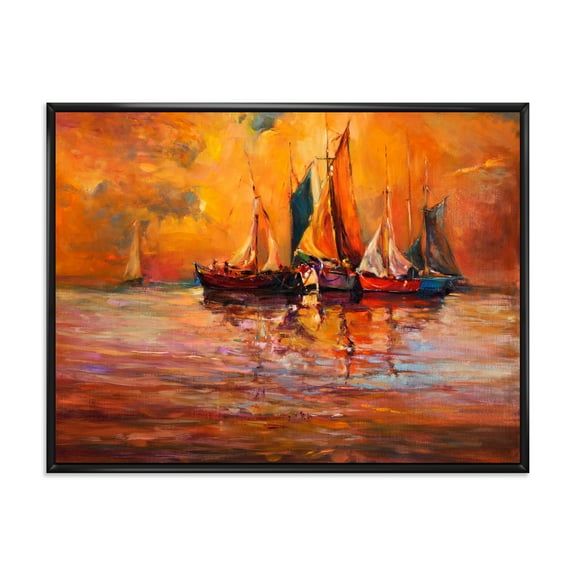 Designart 'Boats During Evening Sunset In The Ocean I' Nautical & Coastal Framed Canvas Wall Art Print
