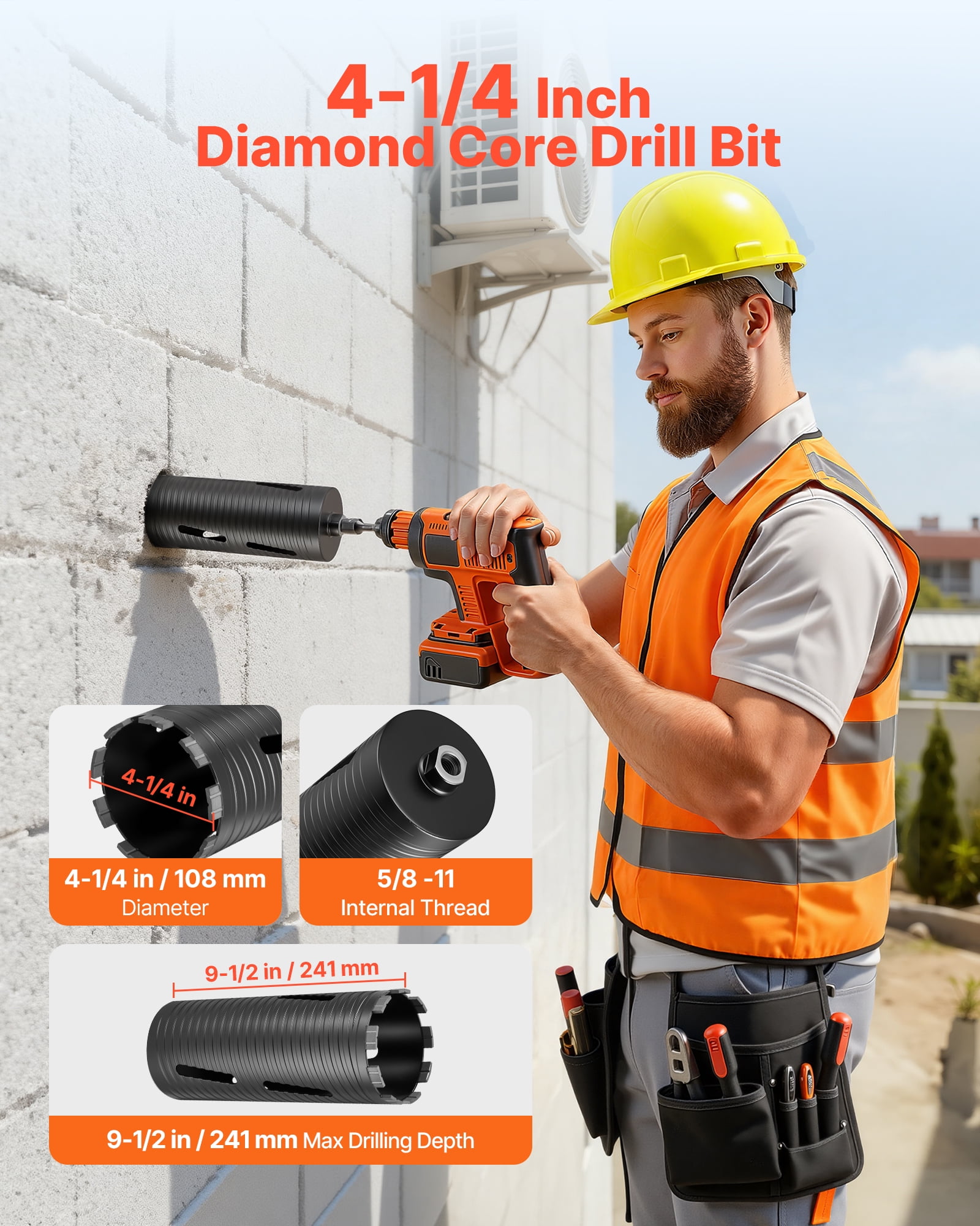 VEVOR Core Drill Bit, 4-1/4 inch Diameter, 9-1/2 inch Drilling Depth, 5/8-11 Internal Thread, Diamond Dry Coring Bit with 3 Adapters, Pilot Drill and Hex Wrench, for Concrete, Red Bricks, and Masonry
