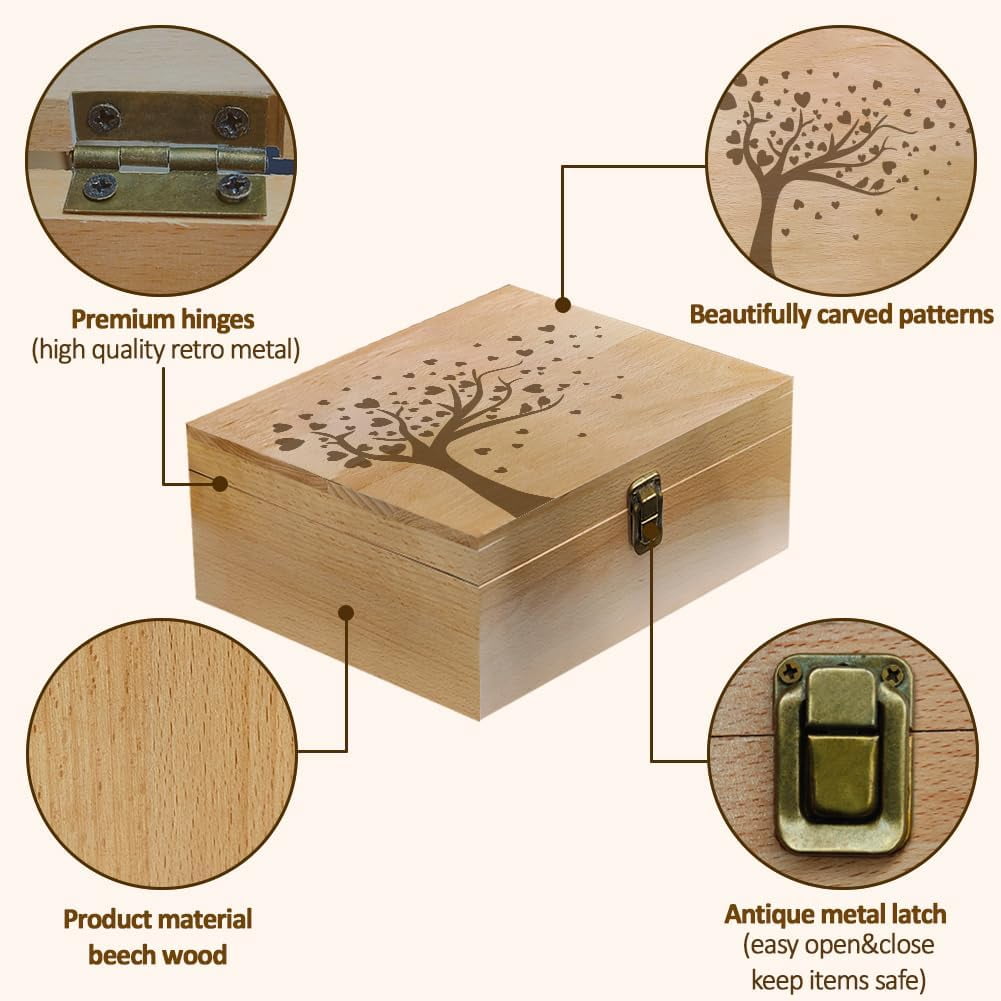 1 Pc Wooden Memory Keepsake Box Heart Tree Bird Box with Hinged Lid Love Theme Decorative Storage Box Stash Box for Photos Letters Anniversary Wedding Valentine's Day7.6x9.6x4inch