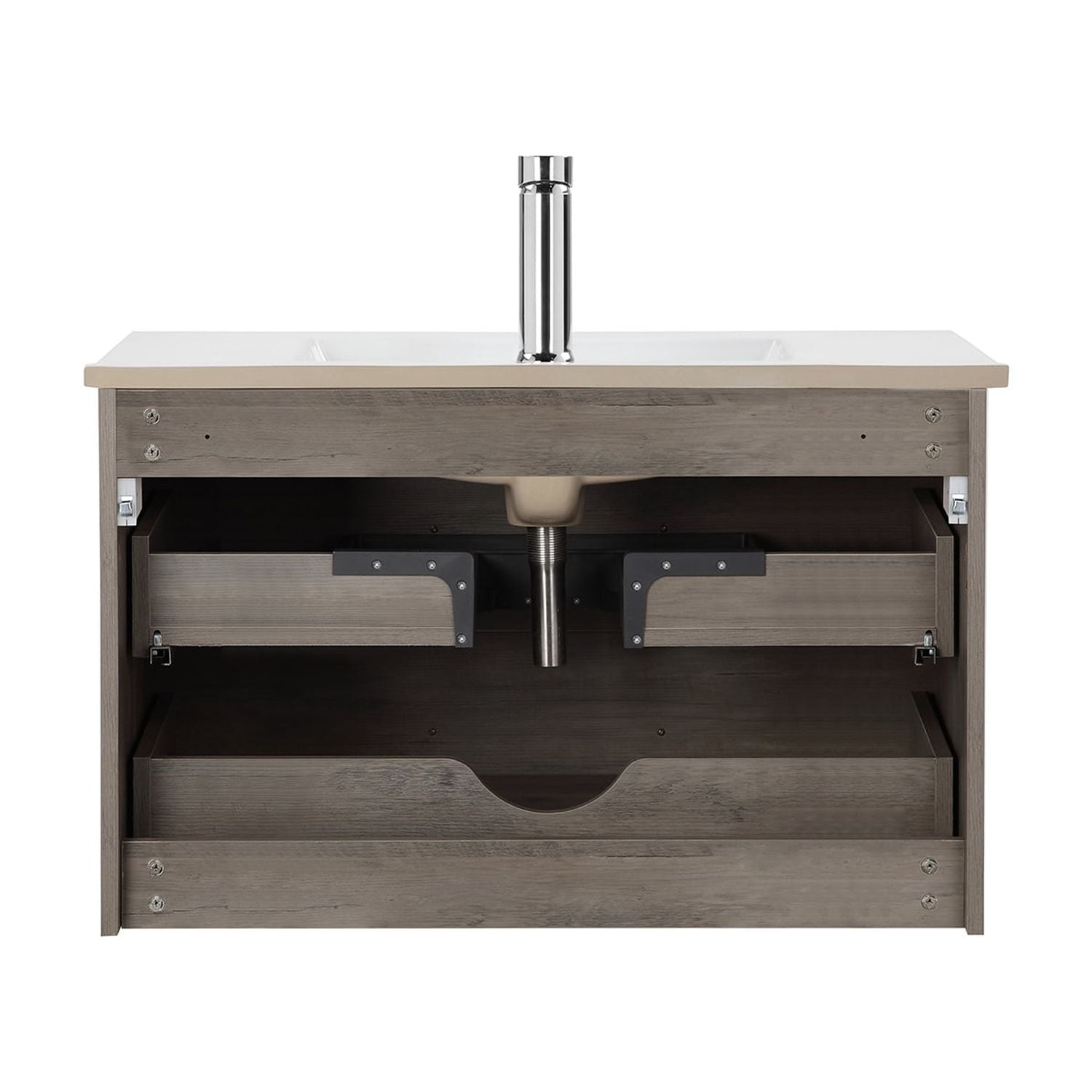 Demi Bonn 32" Wood Grain Wall-Mounted Bathroom Vanity with Ceramic Sink and 2 Soft-Close Drawers, Faucets and Drains Not Included, Gray
