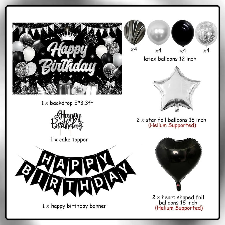 Black Ribbon with Silver Writing - Happy Birthday Decoration for Birthday  (Black) …