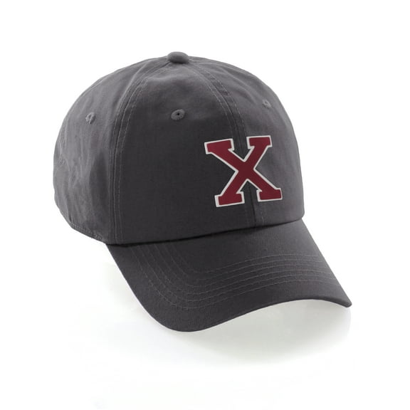 Customized Letter Intial Baseball Hat A to Z Team Colors, Charcoal Cap White Red Letter X