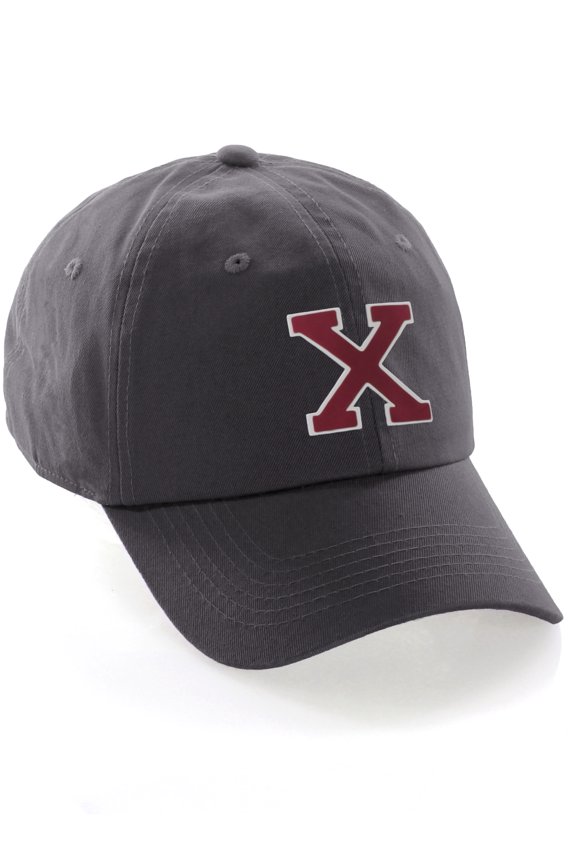 Customized Letter Intial Baseball Hat A to Z Team Colors, Charcoal Cap White Red Letter X
