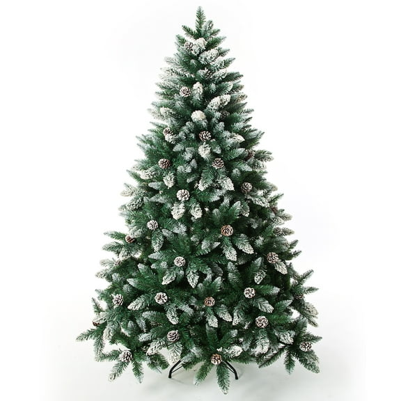 Senjie Snow Flocked Artificial Christmas Tree , Xmas Trees with Pine Cone Decoration Unlit 9 FT