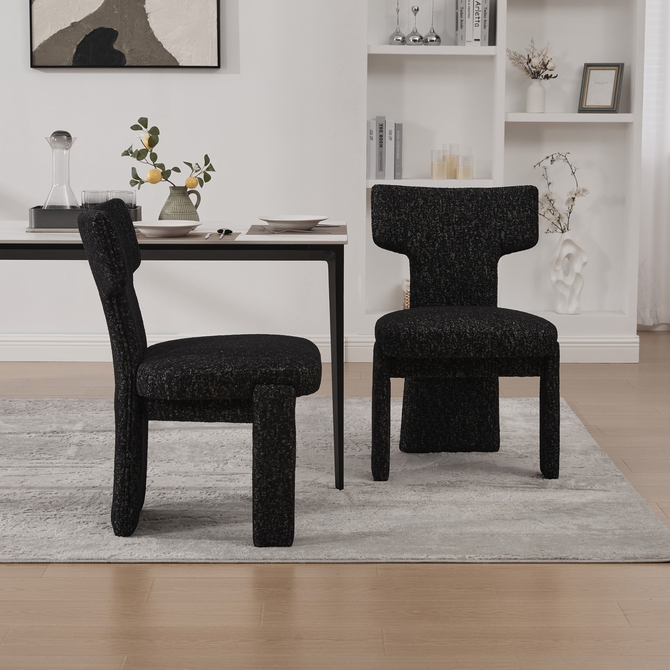 Noble House Morse 22" Chenille Dining Chair Set of 2, Armless Curved Back Accent Chairs with Rubberwood Legs, Black & Gray